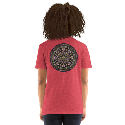 Unisex Softstyle T-Shirt (mandala with magenta rim on back | KINDNESS in black lettering on front)