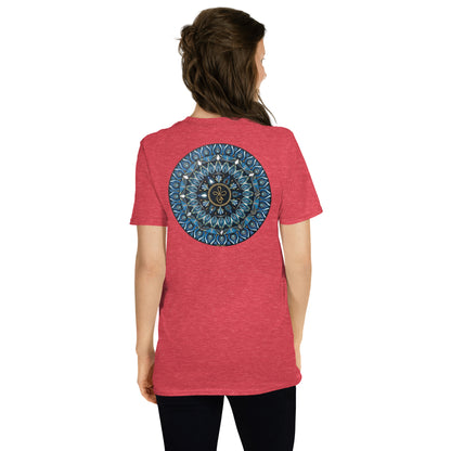 Unisex Softstyle T-Shirt (mandala with 3 loops in core on back | FAMILY in black lettering on front)