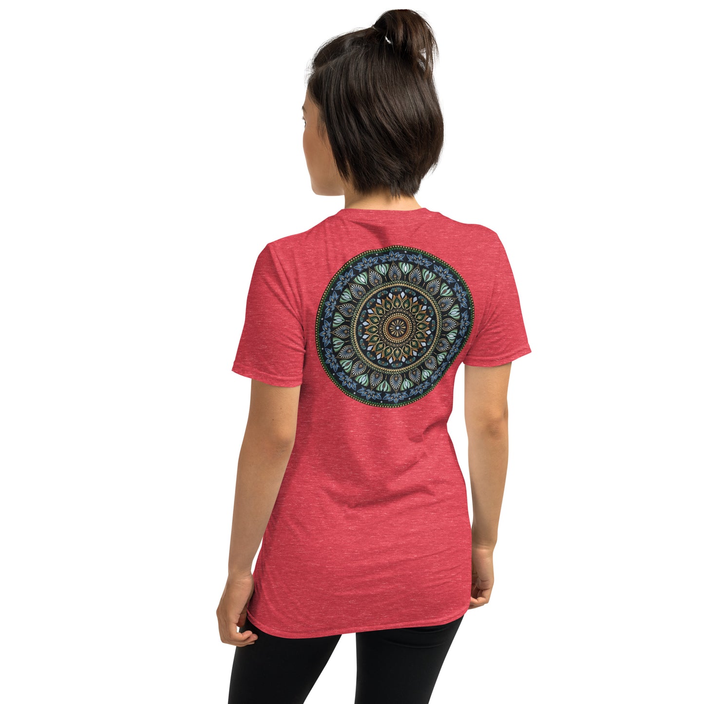 Unisex Softstyle T-Shirt (mandala green and gold rim on back | GRATITUDE in black lettering on front)