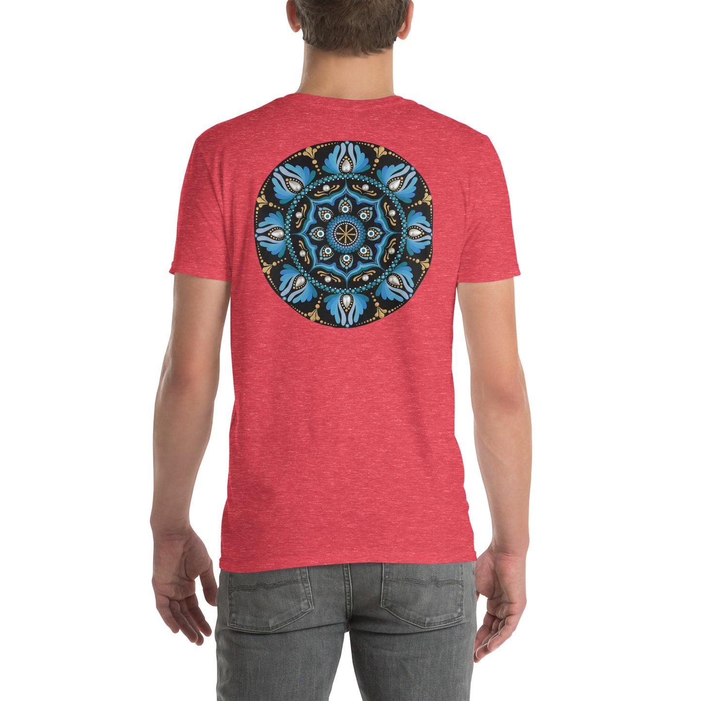 Unisex Softstyle T-Shirt (mandala with spokes in core on back | WISDOM in black lettering on front)