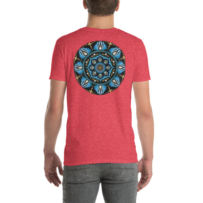 Unisex Softstyle T-Shirt (mandala with spokes in core on back | WISDOM in black lettering on front)