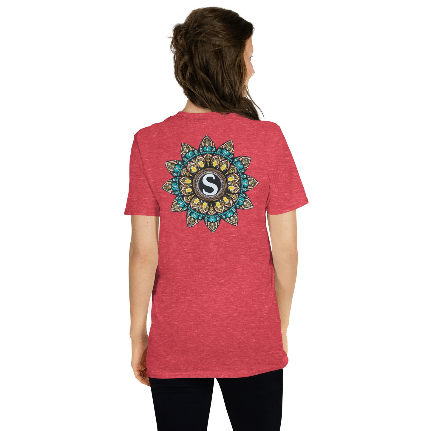 Unisex Softstyle T-Shirt (mandala with "S" in core on back | SHINE in black lettering on front)