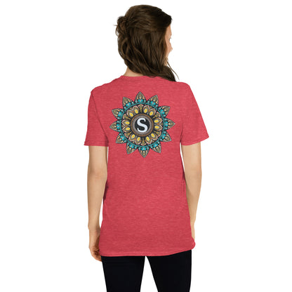 Unisex Softstyle T-Shirt (mandala with "S" in core on back | SHINE in black lettering on front)