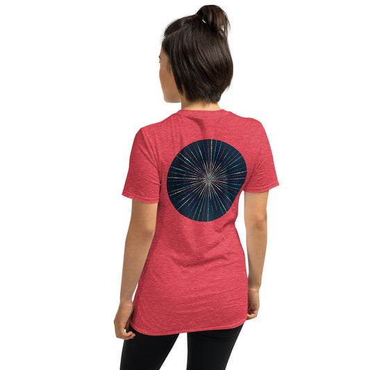 Unisex Softstyle T-Shirt (mandala with streams of light on back | EXPANSION in black lettering on front)