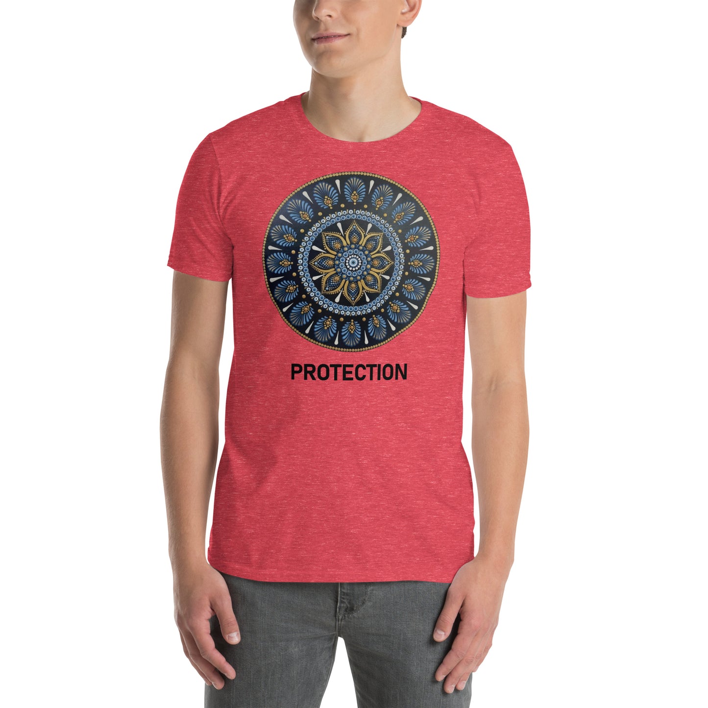 Unisex Softstyle T-Shirt (mandala with gold rim on front | PROTECTION in black lettering)