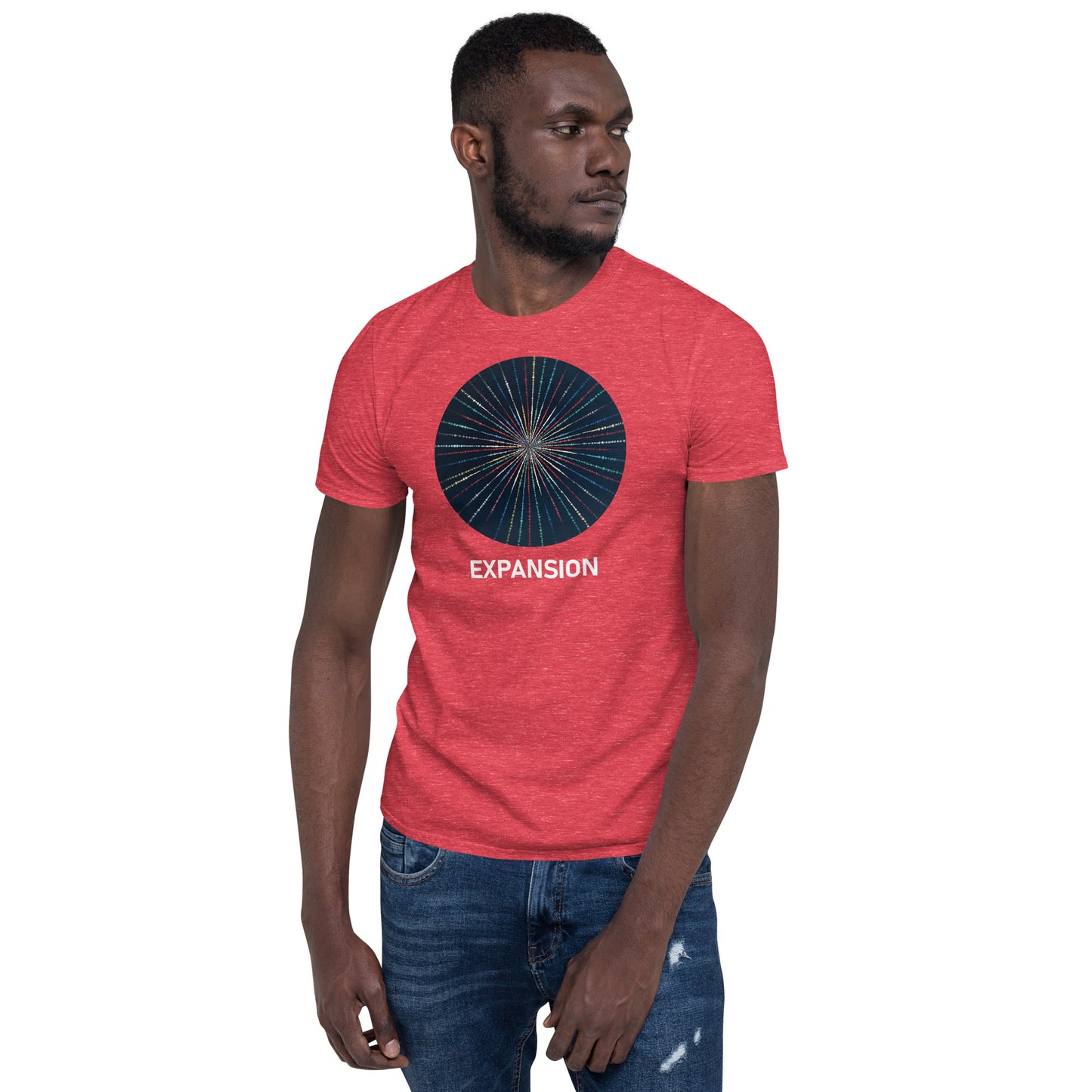 Unisex Softstyle T-Shirt (mandala with streams of light on front | EXPANSION in white lettering)