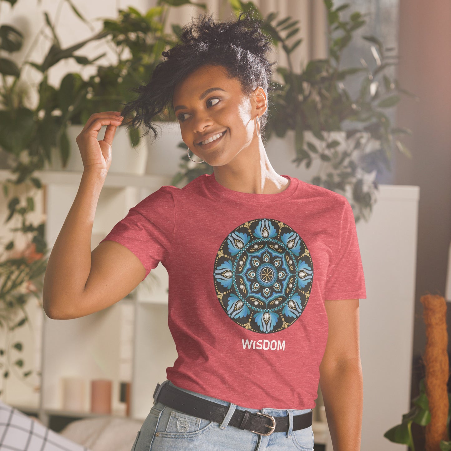 Unisex Softstyle T-Shirt (mandala with spokes in core on front | WISDOM in white lettering)