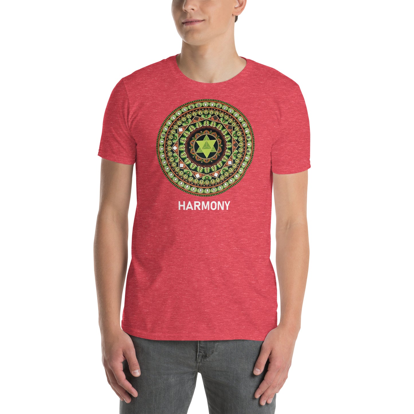 Unisex Softstyle T-Shirt (mandala with green star | on front | HARMONY in white lettering)