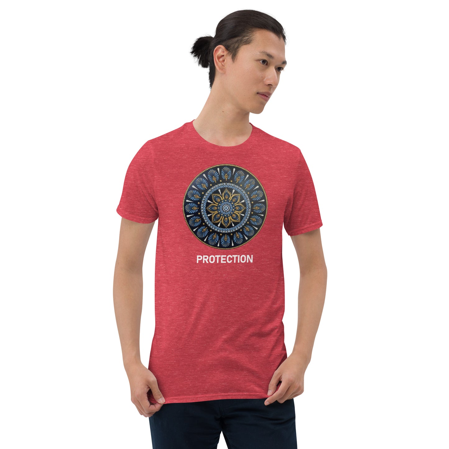 Unisex Softstyle T-Shirt (mandala with gold outer rim | on front | PROTECTION in white lettering)