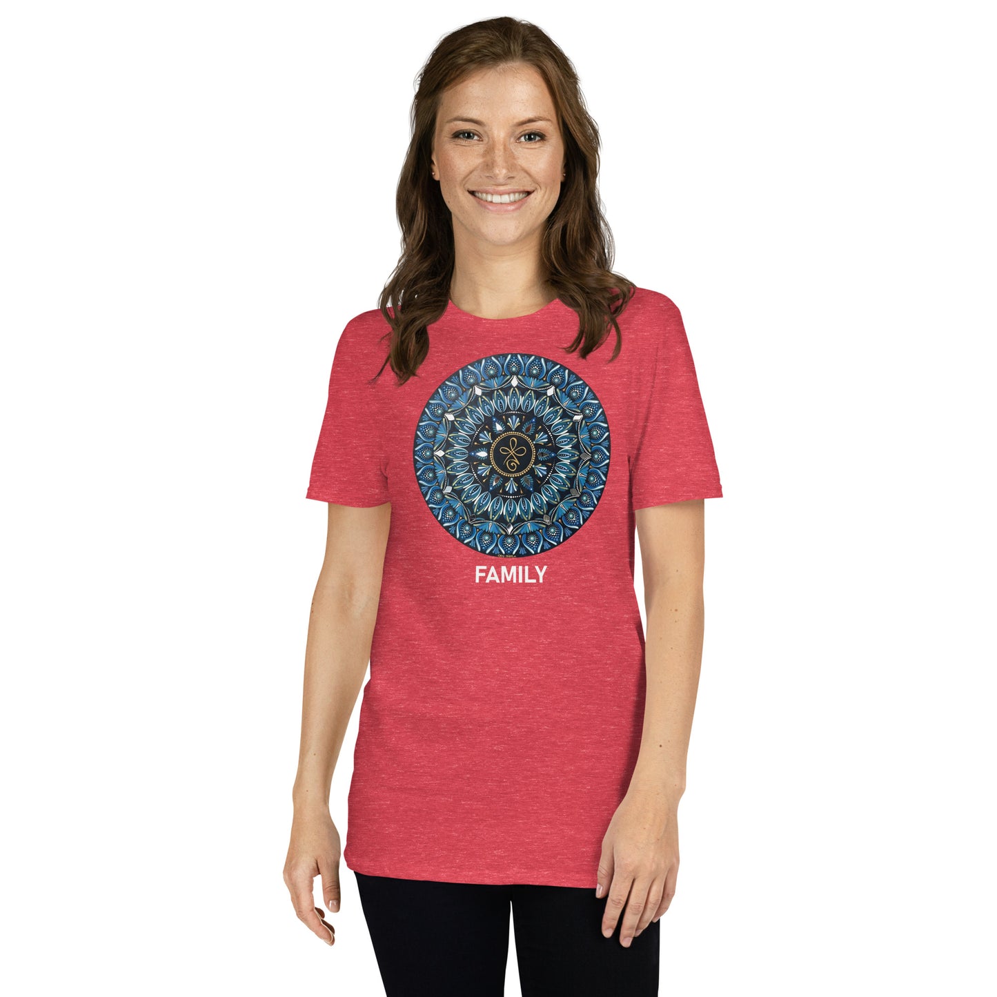Unisex Softstyle T-Shirt (mandala with 3 loops in core | on front | FAMILY in white lettering)