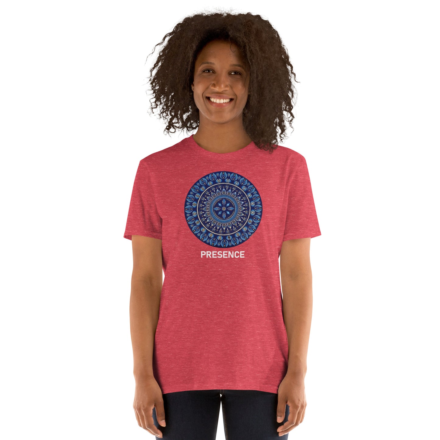 Unisex Softstyle T-Shirt (mandala with 4 diamonds | on front | PRESENCE in white lettering)