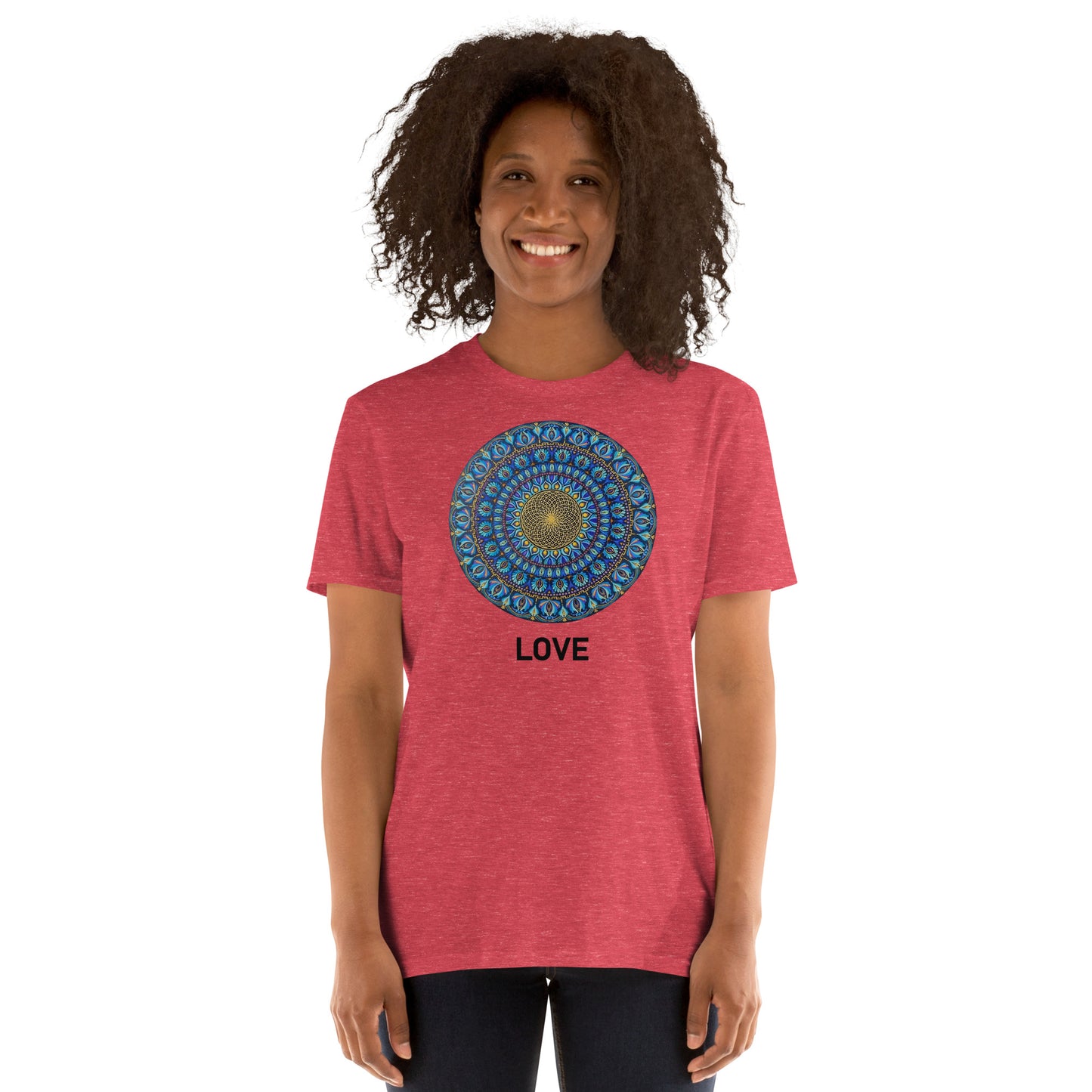 Unisex Softstyle T-Shirt (mandala with golden core | on front | LOVE in black lettering)