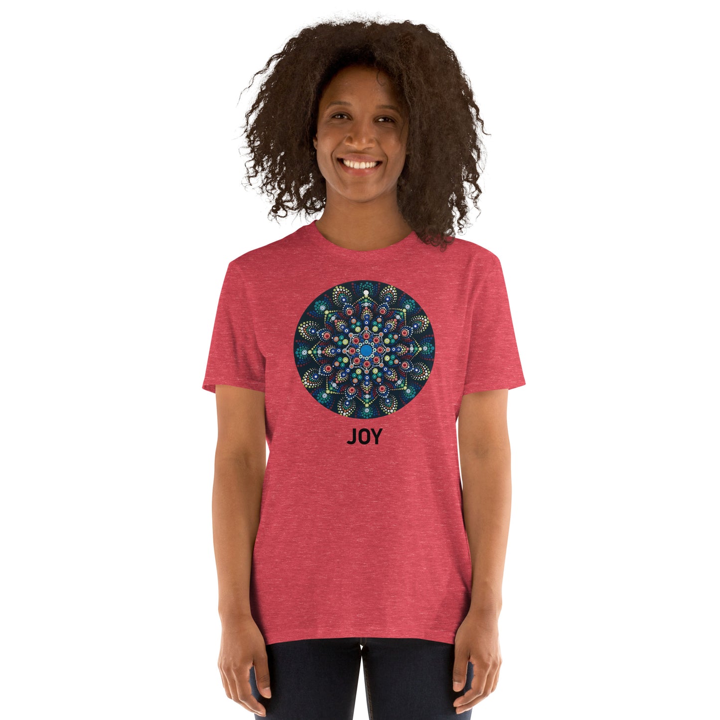 Unisex Softstyle T-Shirt (mandala with colorful dots | on front | JOY in black lettering)