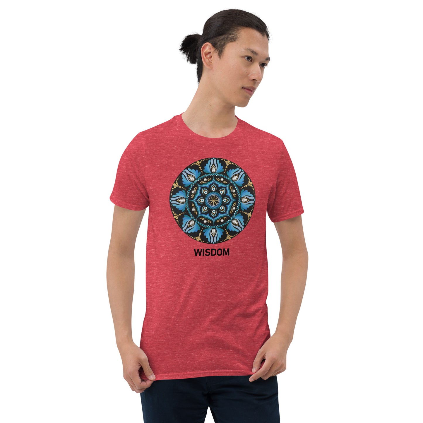 Unisex Softstyle T-Shirt (mandala with spokes in core | on front | WISDOM in black lettering)