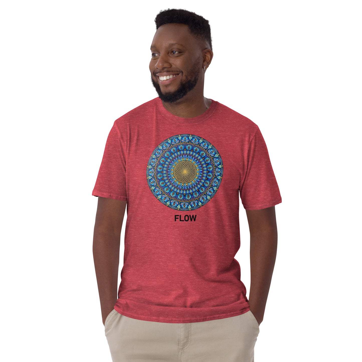 Unisex Softstyle T-Shirt (mandala with golden core | on front | FLOW in black lettering)