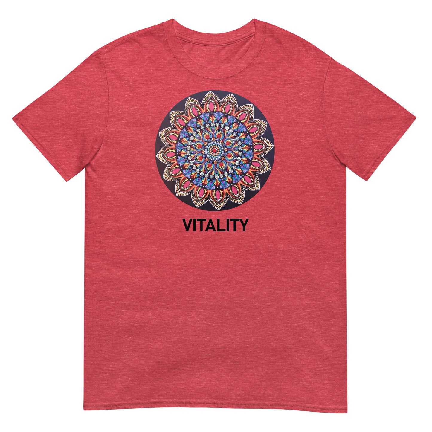 Unisex Softstyle T-Shirt (mandala with pink petals | on front | VITALITY in black lettering)