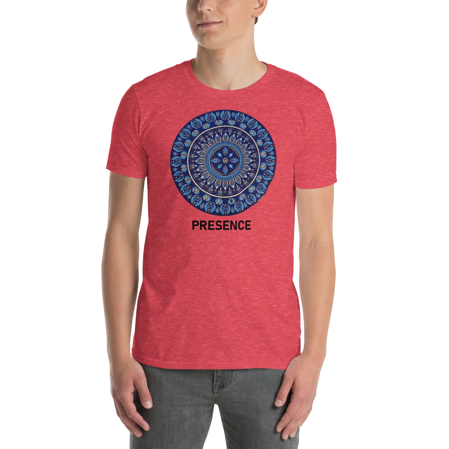 Unisex Softstyle T-Shirt (mandala with 4 diamonds | on front | PRESENCE in black lettering)
