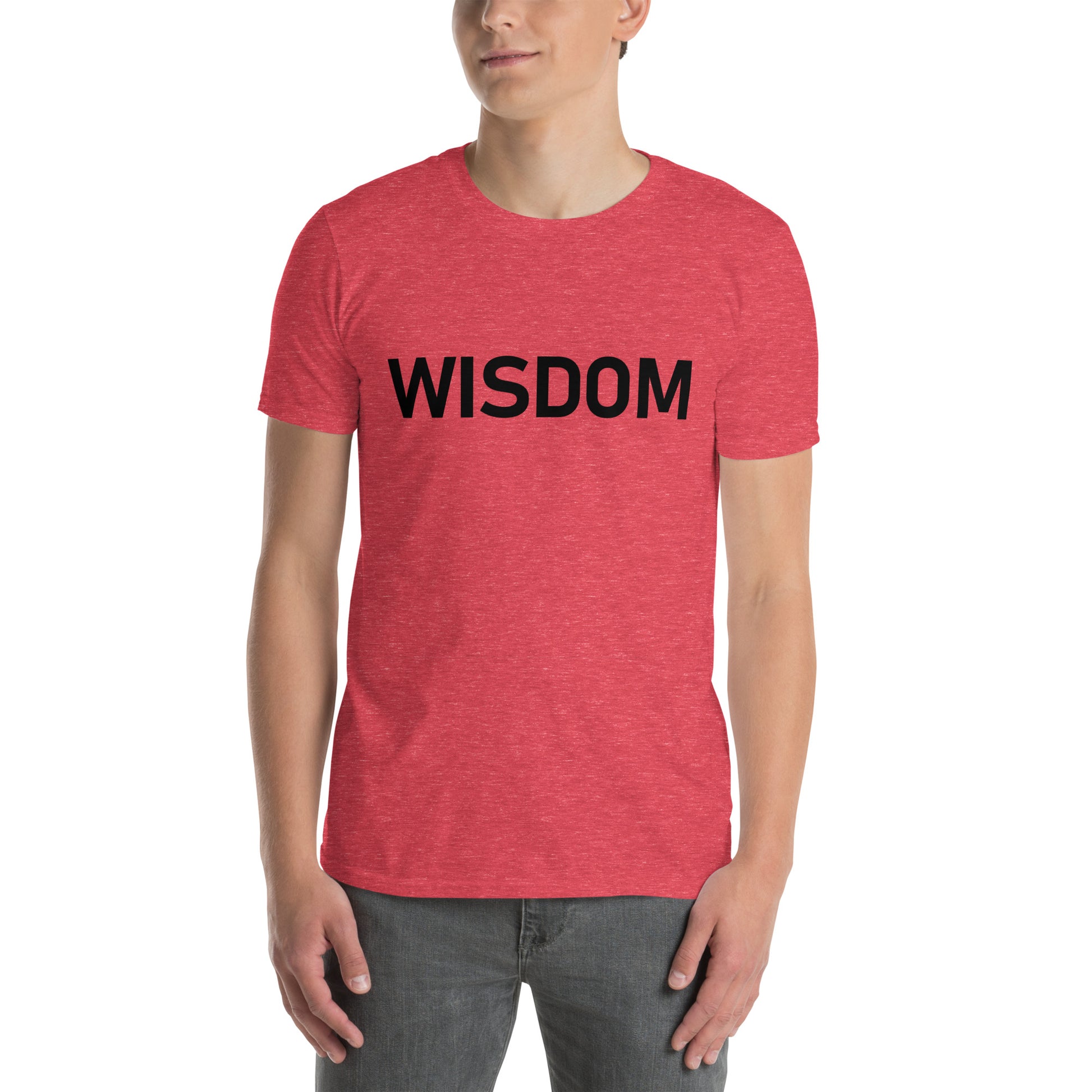 Unisex Softstyle T-Shirt (mandala with spokes in core on back | WISDOM in black lettering on front)