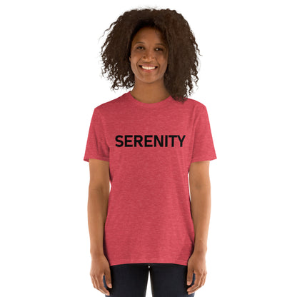 Unisex Softstyle T-Shirt (mandala with blue and white core on back | SERENITY in black lettering on front)