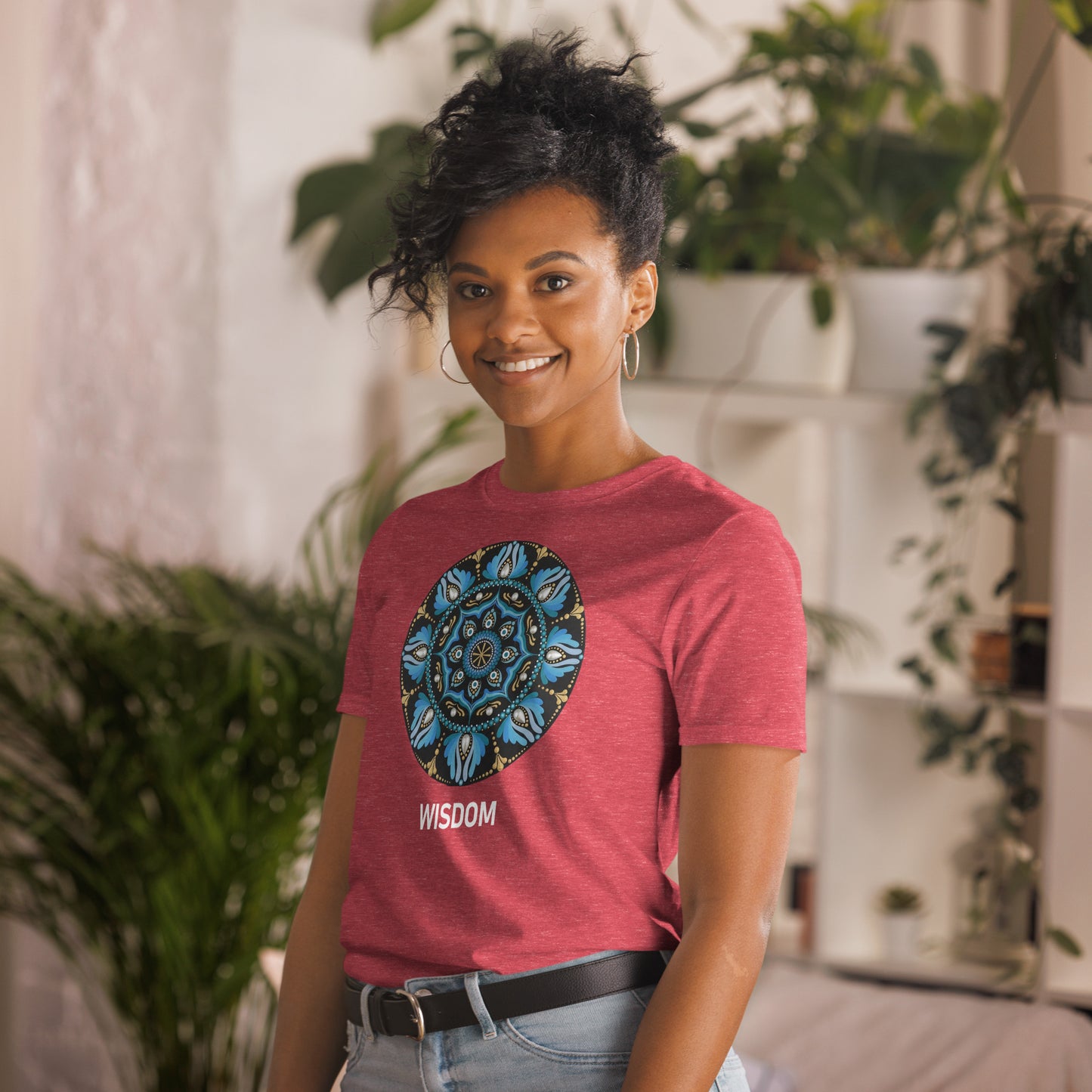 Unisex Softstyle T-Shirt (mandala with spokes in core on front | WISDOM in white lettering)