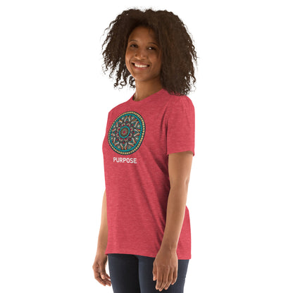 Unisex Softstyle T-Shirt (mandala with red core on front | PURPOSE in white lettering)