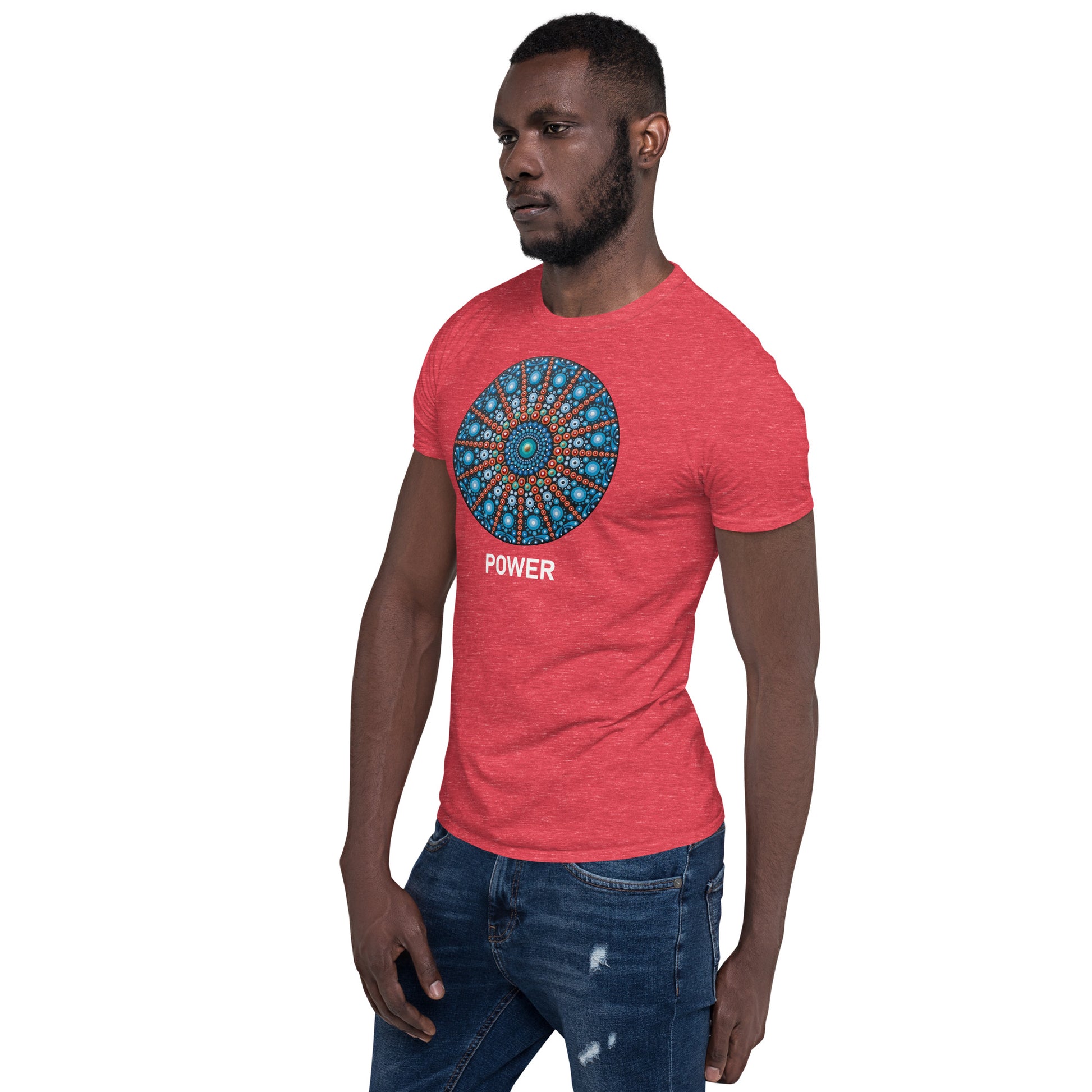 Unisex Softstyle T-Shirt (mandala with red lines | on front | POWER in white lettering)