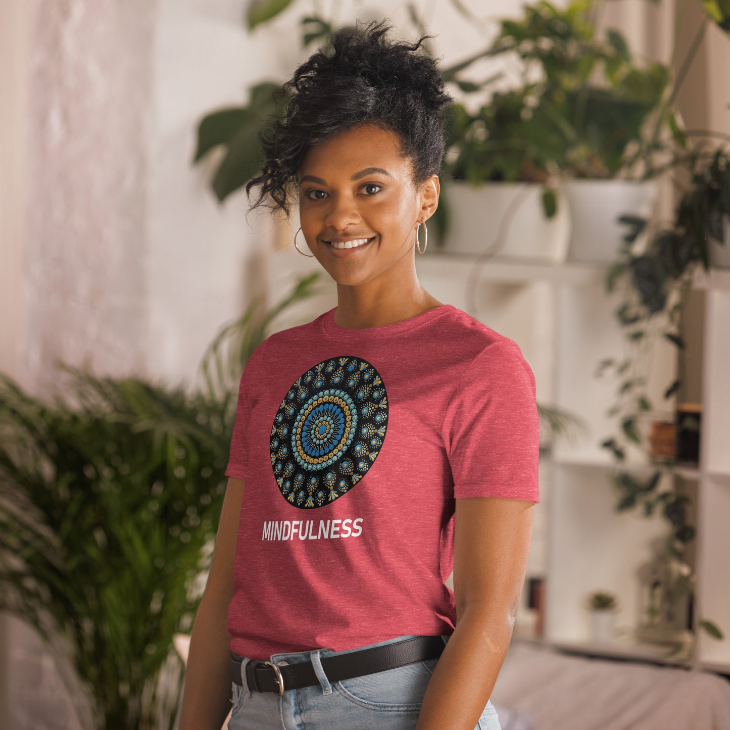 Unisex Softstyle T-Shirt (mandala with blue dots and black back | on front | MINDFULNESS in white lettering)