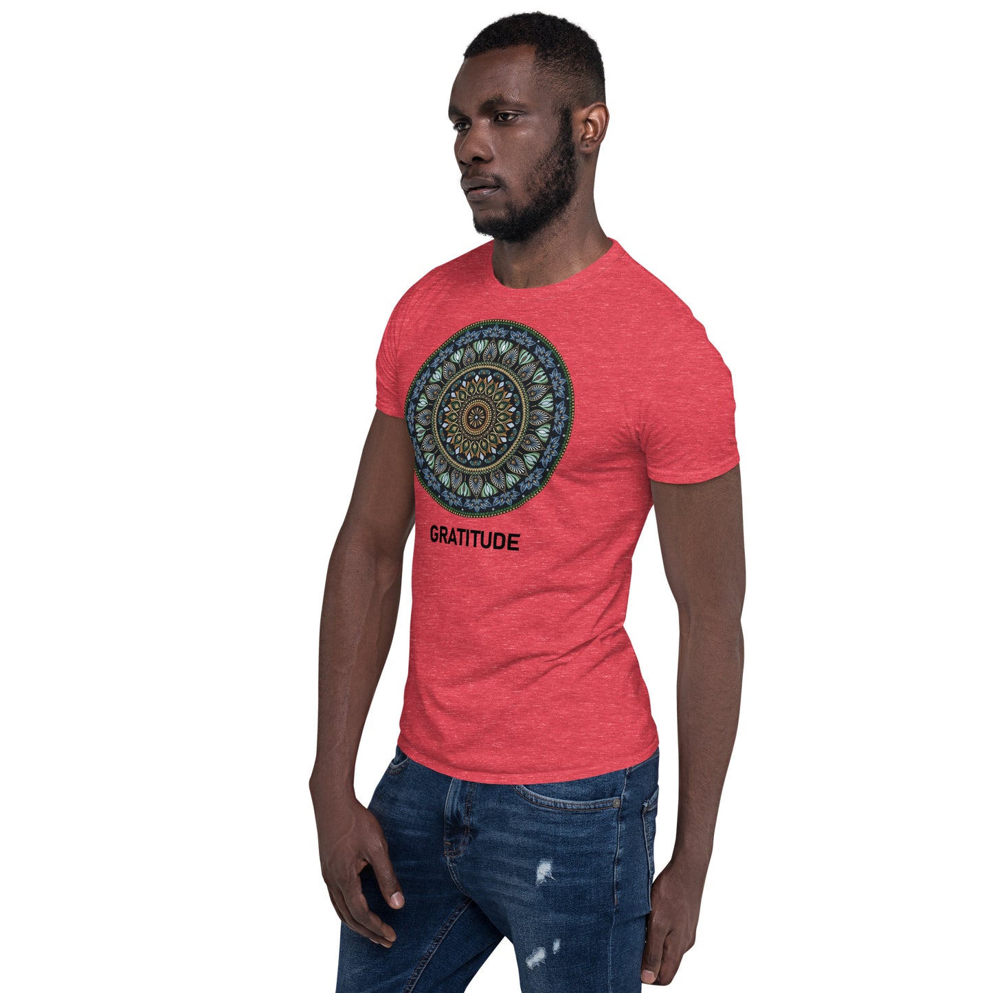 Unisex Softstyle T-Shirt (mandala green and gold rim | on front | GRATITUDE in black lettering)