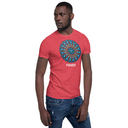 Unisex Softstyle T-Shirt (mandala with red lines | on front | POWER in white lettering)