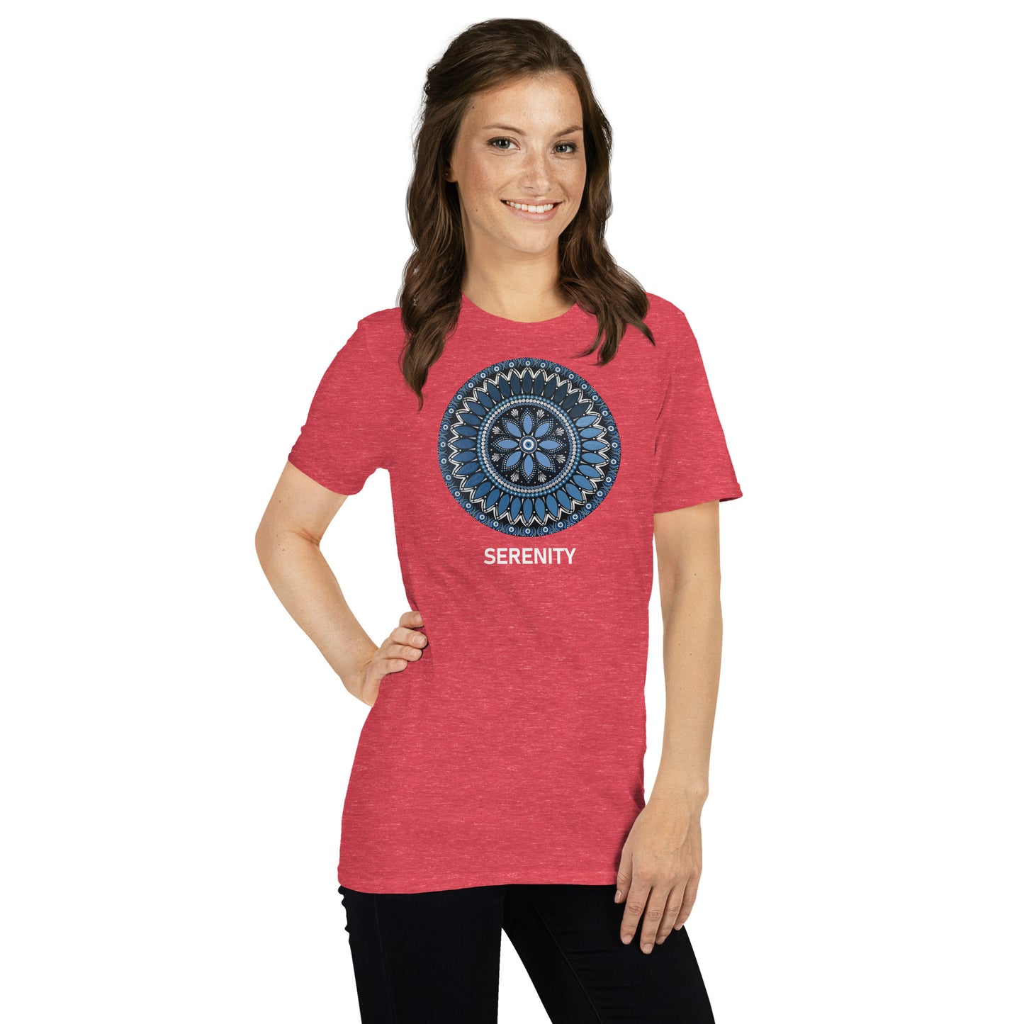 Unisex Softstyle T-Shirt (mandala with blue and white core | on front | SERENITY in white lettering)