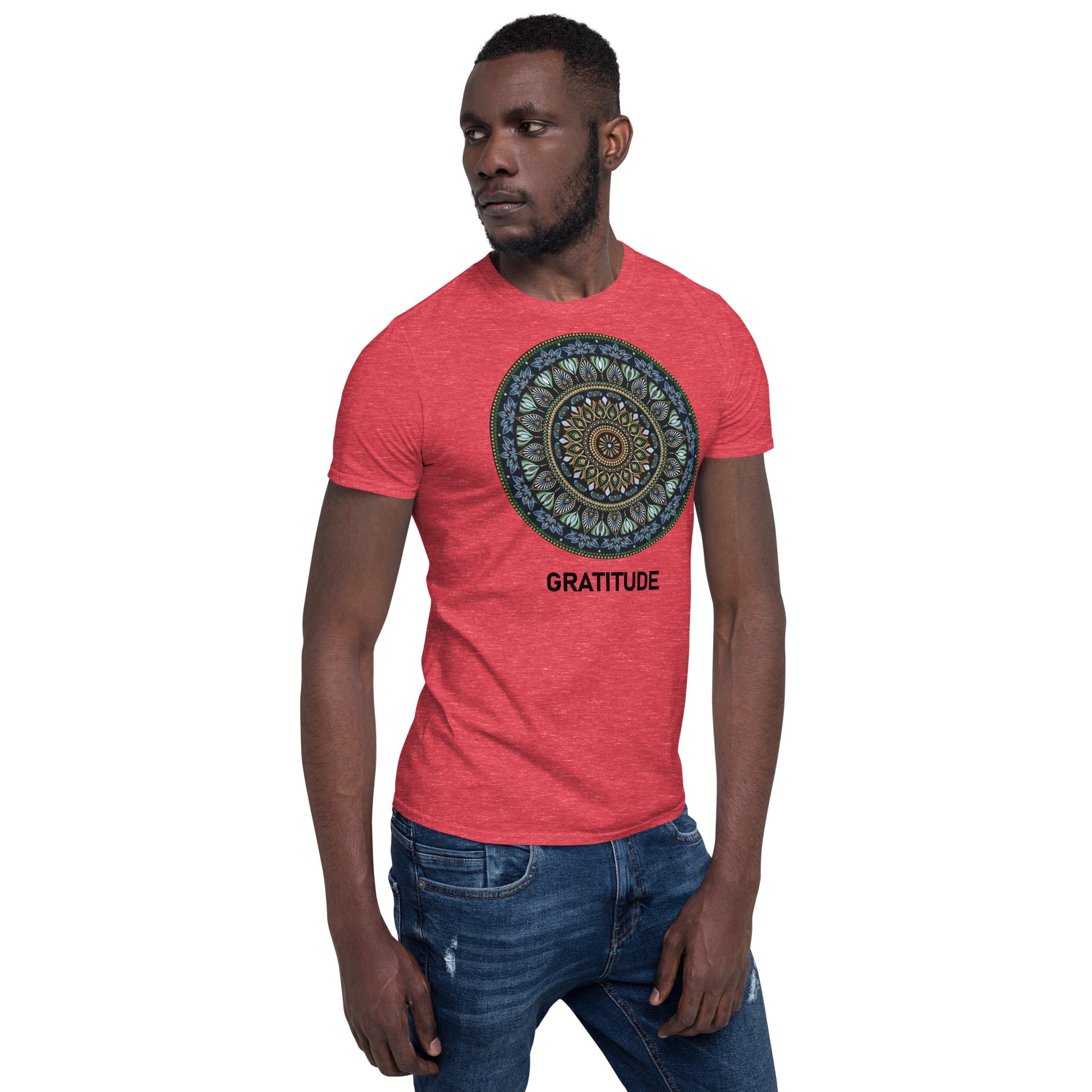 Unisex Softstyle T-Shirt (mandala green and gold rim | on front | GRATITUDE in black lettering)