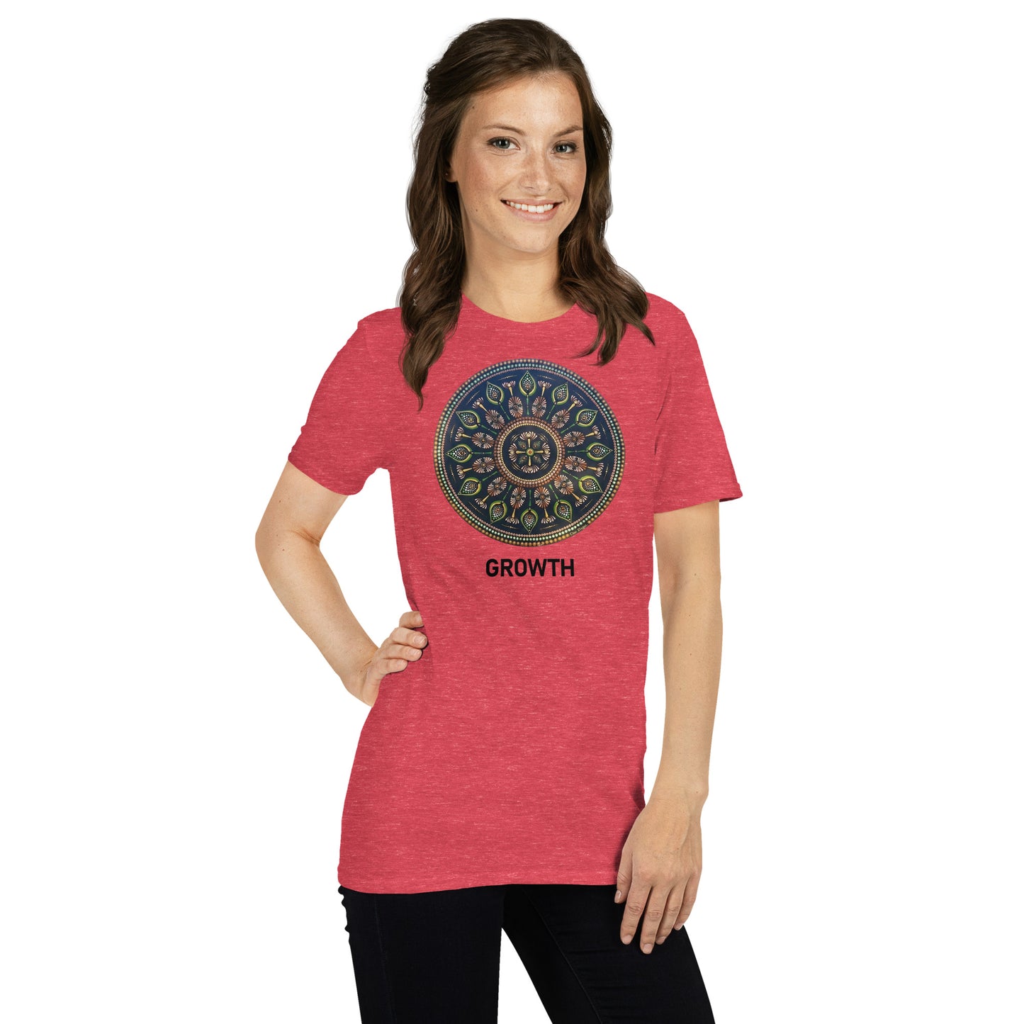 Unisex Softstyle T-Shirt (mandala with cross in the core | on front | GROWTH in black lettering)