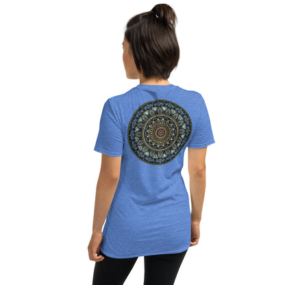 Unisex Softstyle T-Shirt (mandala green and gold rim on back | GRATITUDE in black lettering on front)