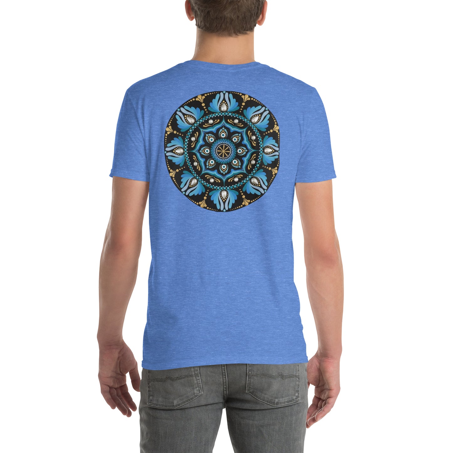 Unisex Softstyle T-Shirt (mandala with spokes in core on back | WISDOM in black lettering on front)