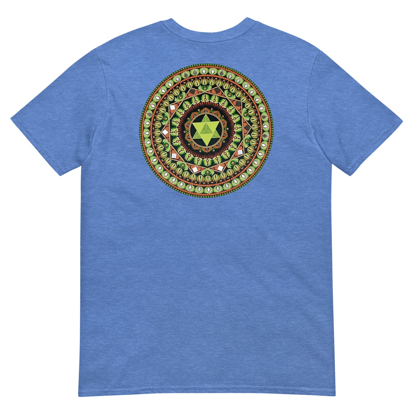 Unisex Softstyle T-Shirt (mandala with green star on back | HARMONY in black lettering on front)
