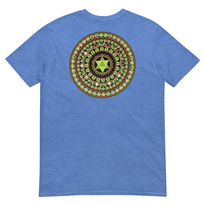Unisex Softstyle T-Shirt (mandala with green star on back | HARMONY in black lettering on front)