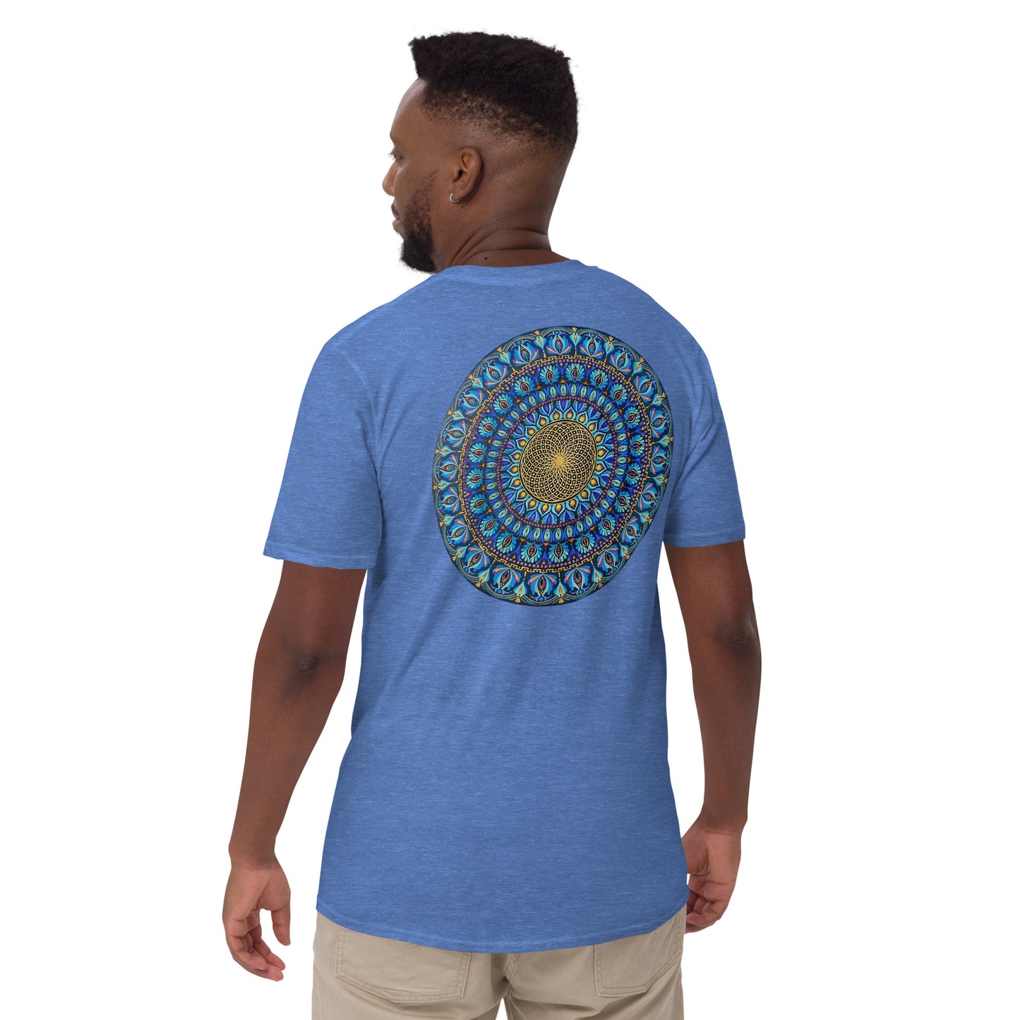 Unisex Softstyle T-Shirt (mandala with golden core on back | FLOW in black lettering on front)