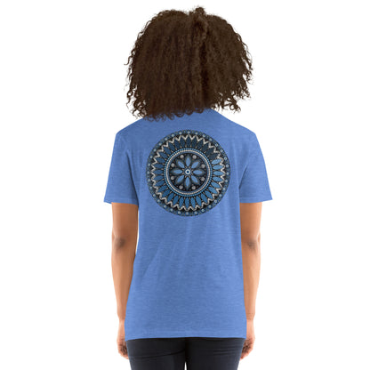 Unisex Softstyle T-Shirt (mandala with blue and white core on back | SERENITY in black lettering on front)