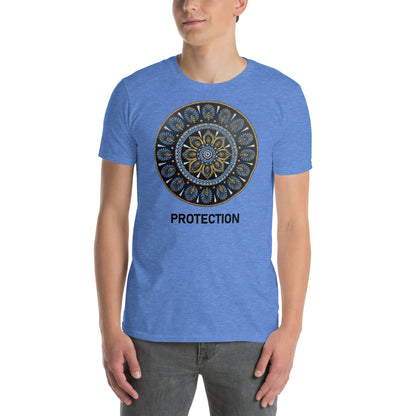 Unisex Softstyle T-Shirt (mandala with gold rim on front | PROTECTION in black lettering)