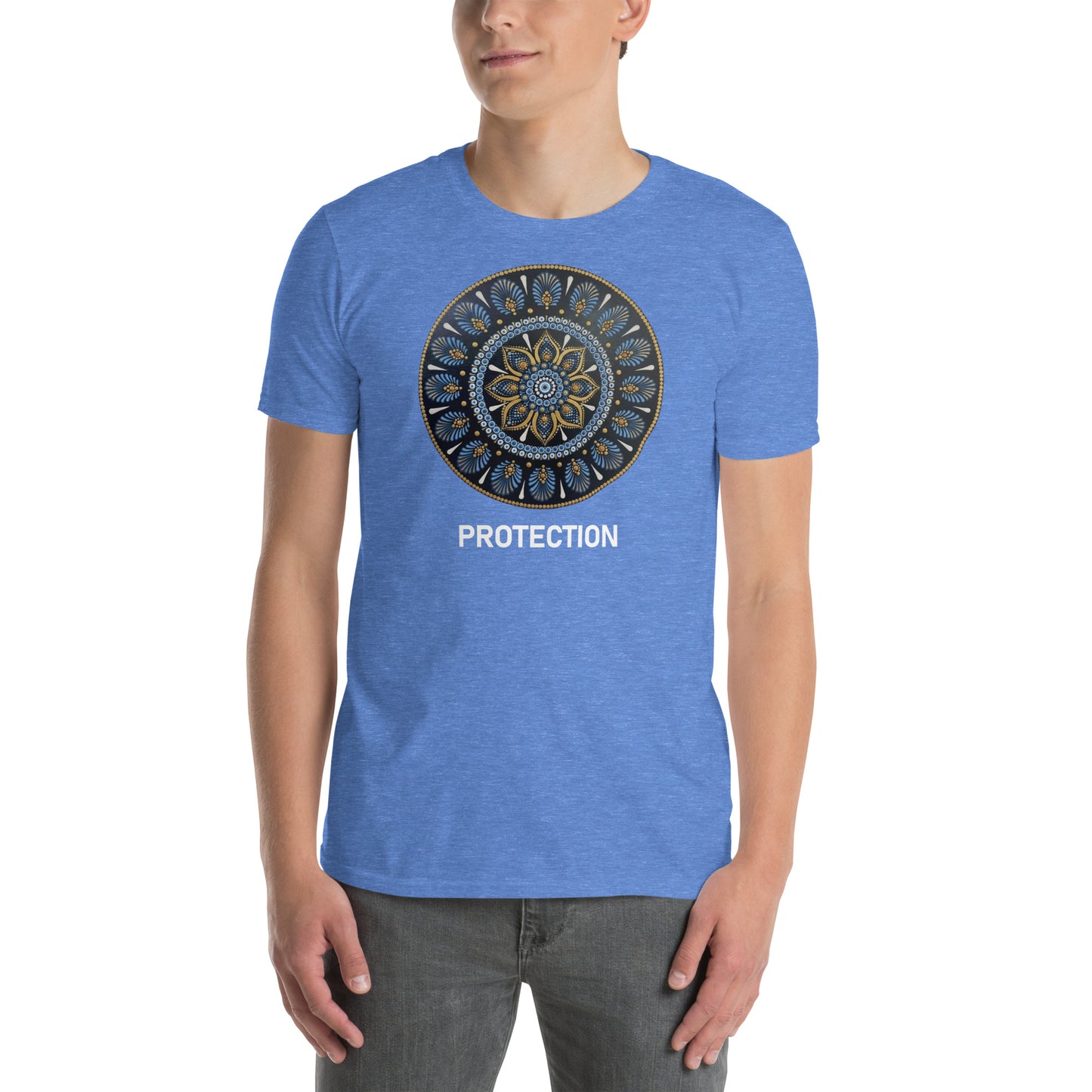 Unisex Softstyle T-Shirt (mandala with gold rim on front | PROTECTION in white lettering)