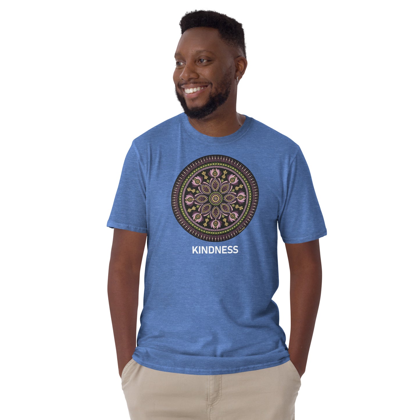 Unisex Softstyle T-Shirt (mandala with magenta rim on front | KINDNESS in white lettering)