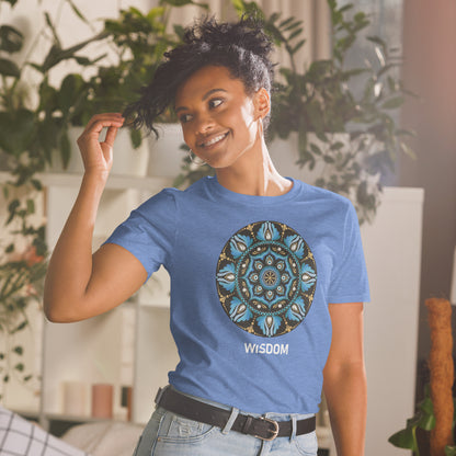 Unisex Softstyle T-Shirt (mandala with spokes in core on front | WISDOM in white lettering)