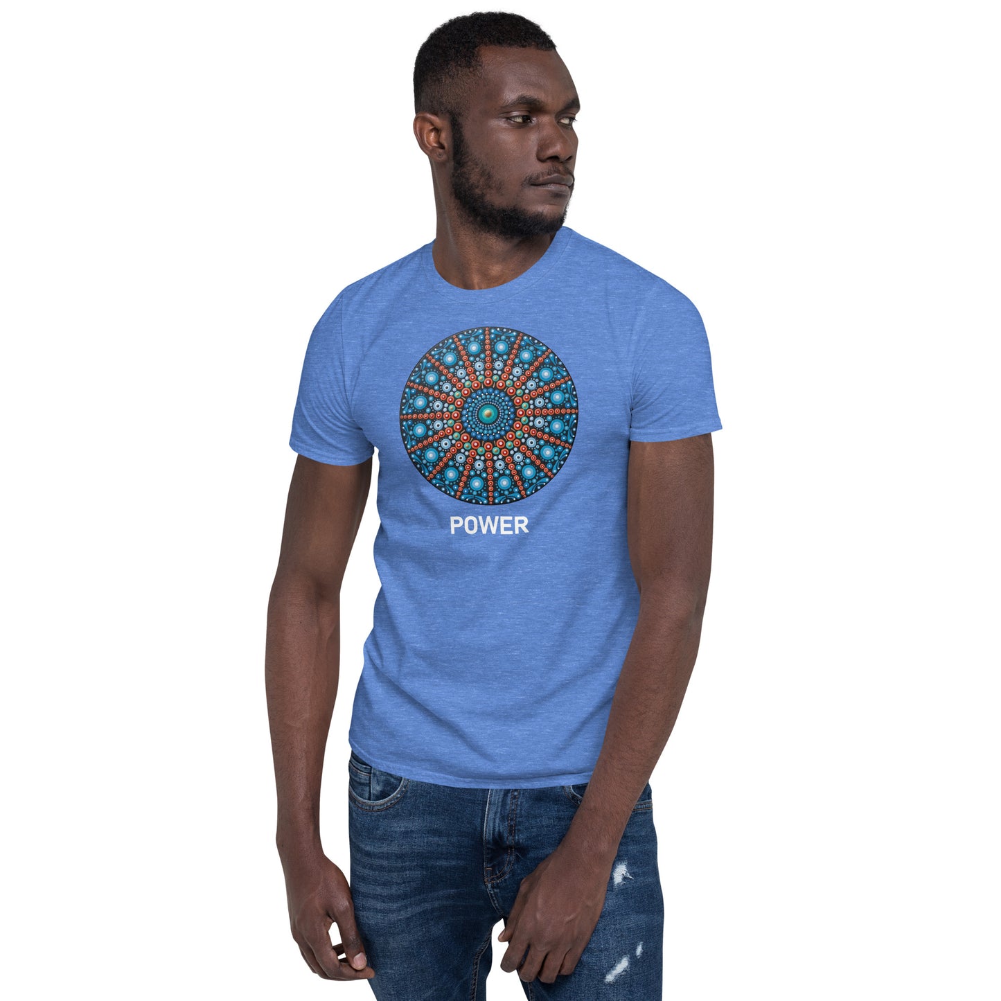 Unisex Softstyle T-Shirt (mandala with red lines | on front | POWER in white lettering)