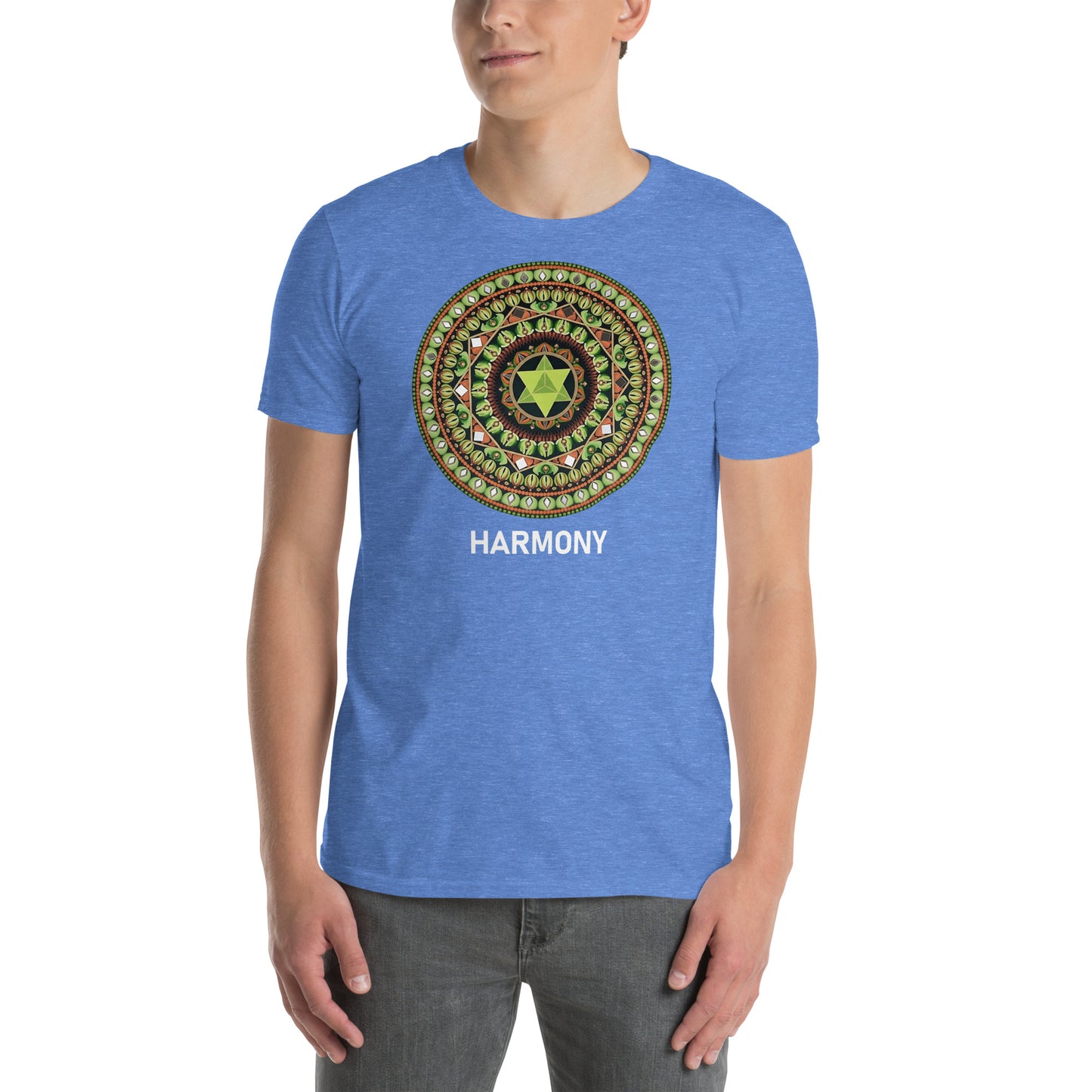 Unisex Softstyle T-Shirt (mandala with green star | on front | HARMONY in white lettering)