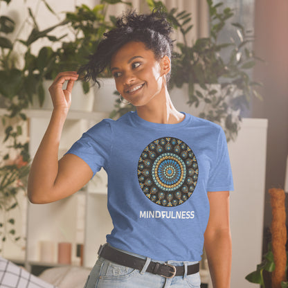 Unisex Softstyle T-Shirt (mandala with blue dots and black back | on front | MINDFULNESS in white lettering)