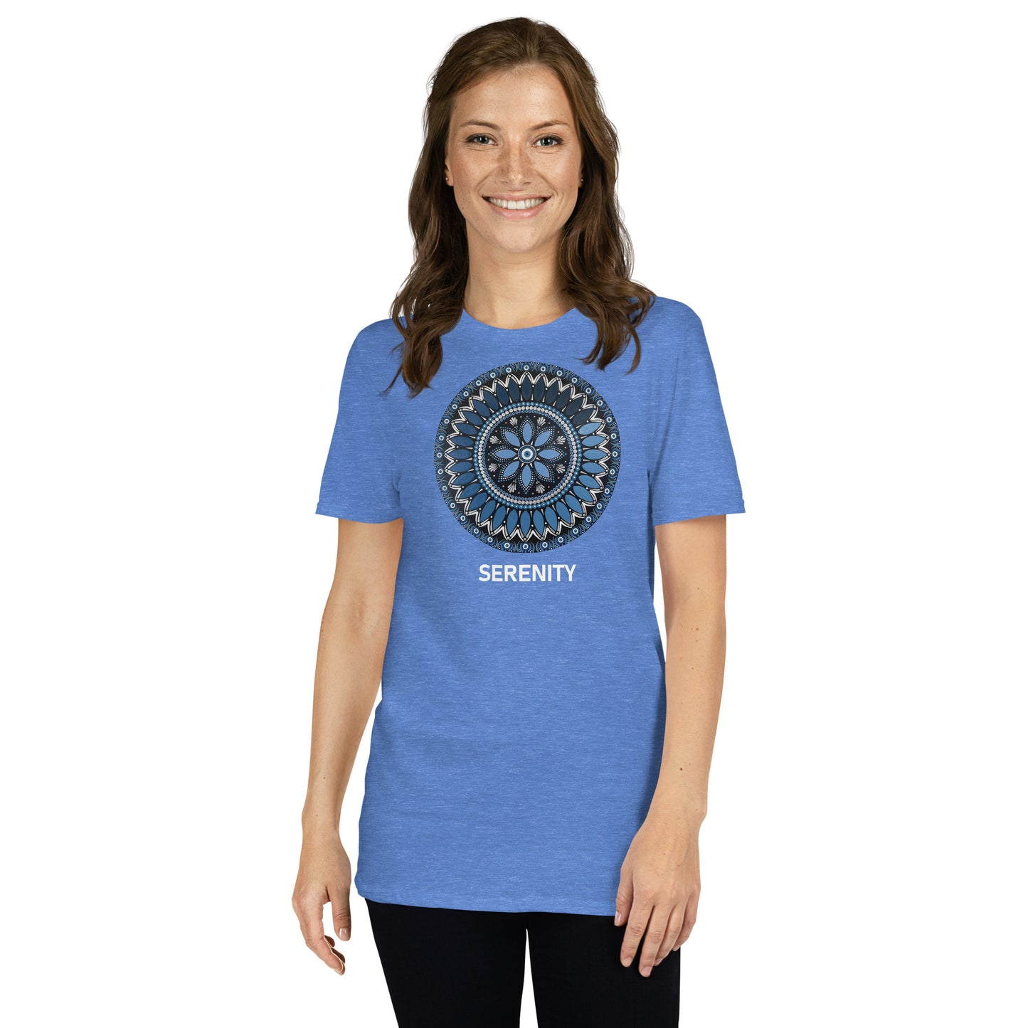 Unisex Softstyle T-Shirt (mandala with blue and white core | on front | SERENITY in white lettering)