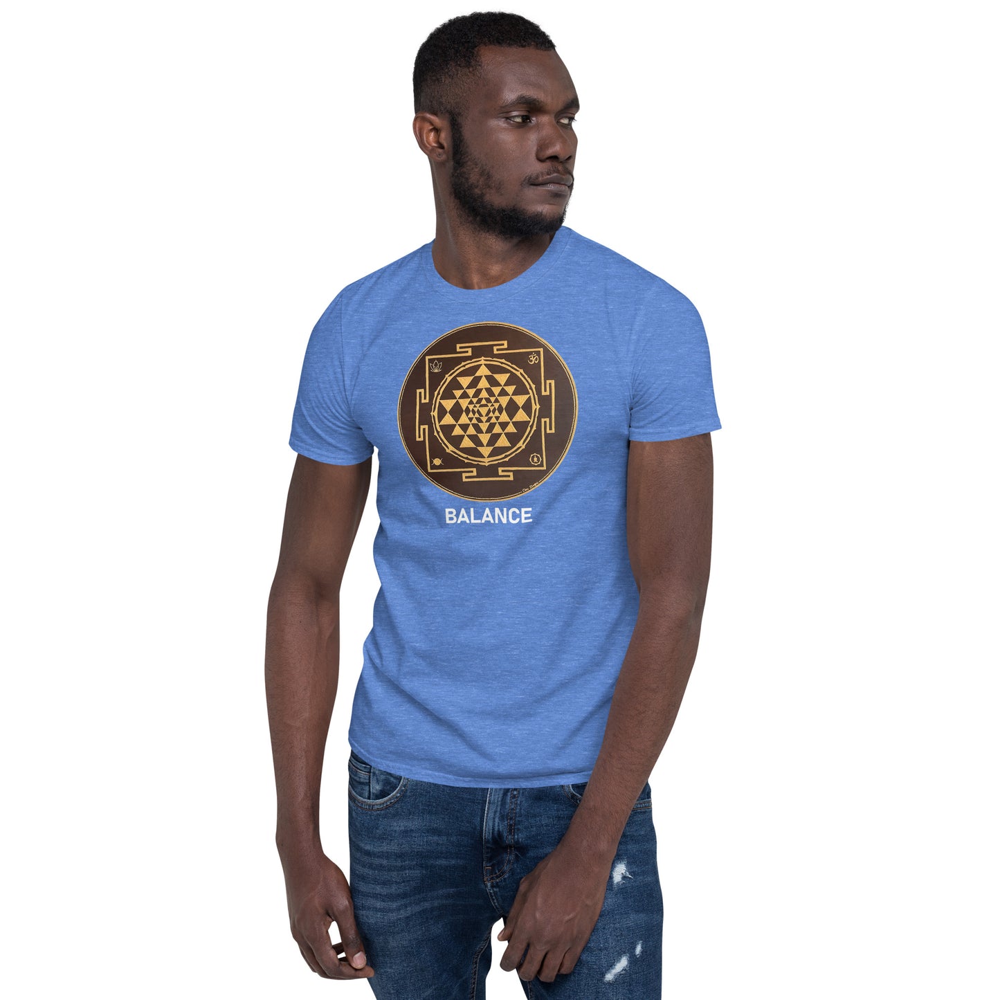 Unisex Softstyle T-Shirt (brown and gold mandala | on front | BALANCE in white lettering)