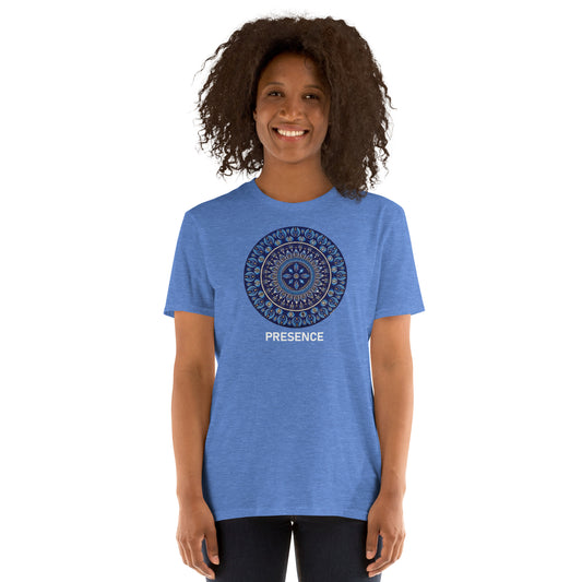 Unisex Softstyle T-Shirt (mandala with 4 diamonds | on front | PRESENCE in white lettering)
