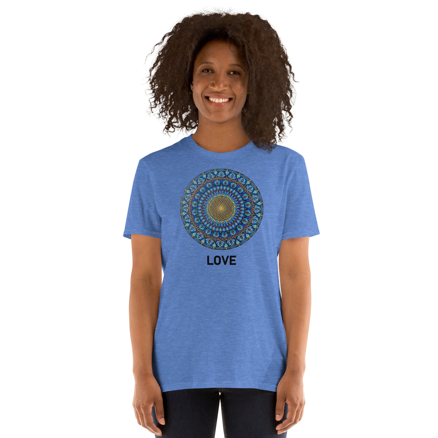 Unisex Softstyle T-Shirt (mandala with golden core | on front | LOVE in black lettering)