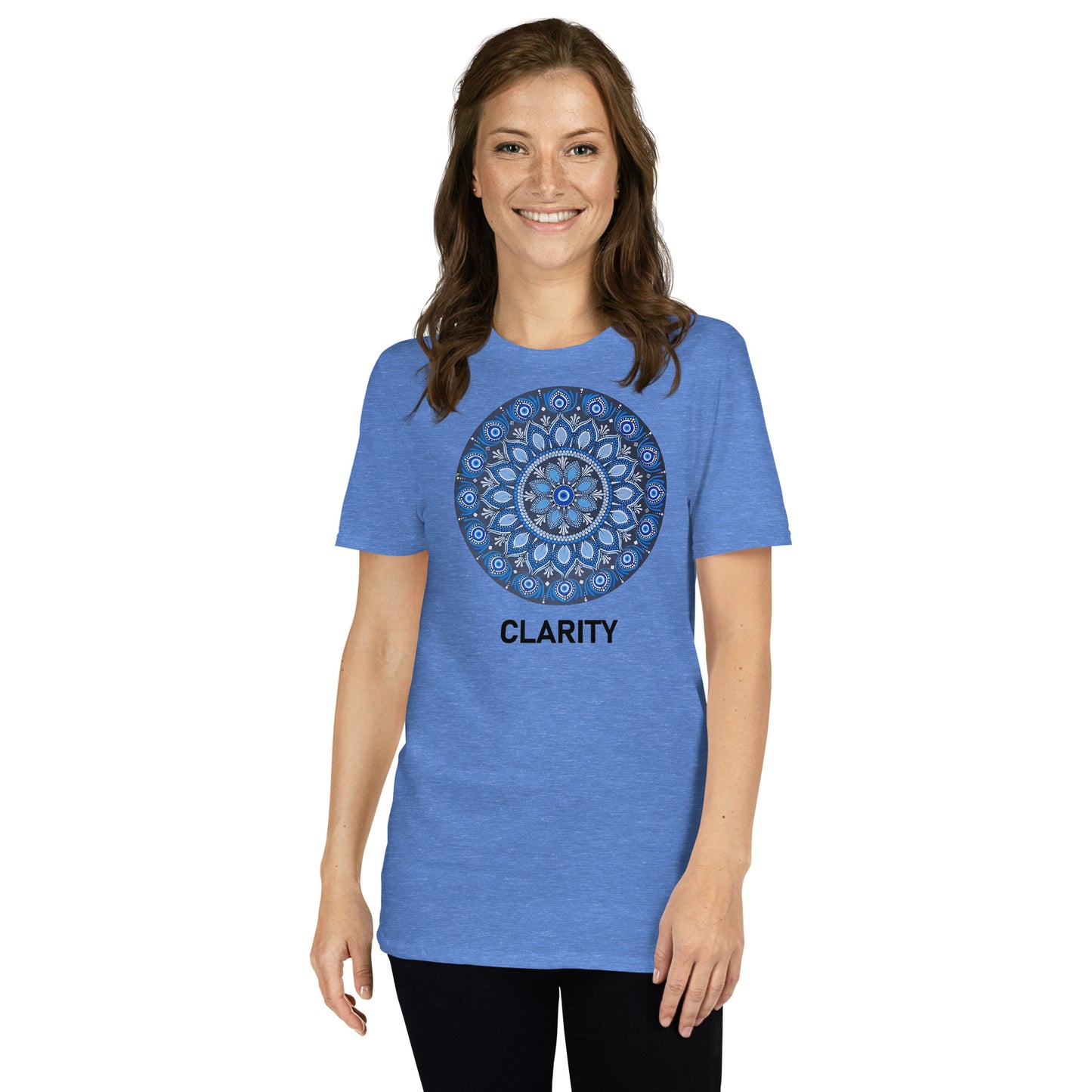 Unisex Softstyle T-Shirt (all blue mandala | on front | CLARITY in black lettering)